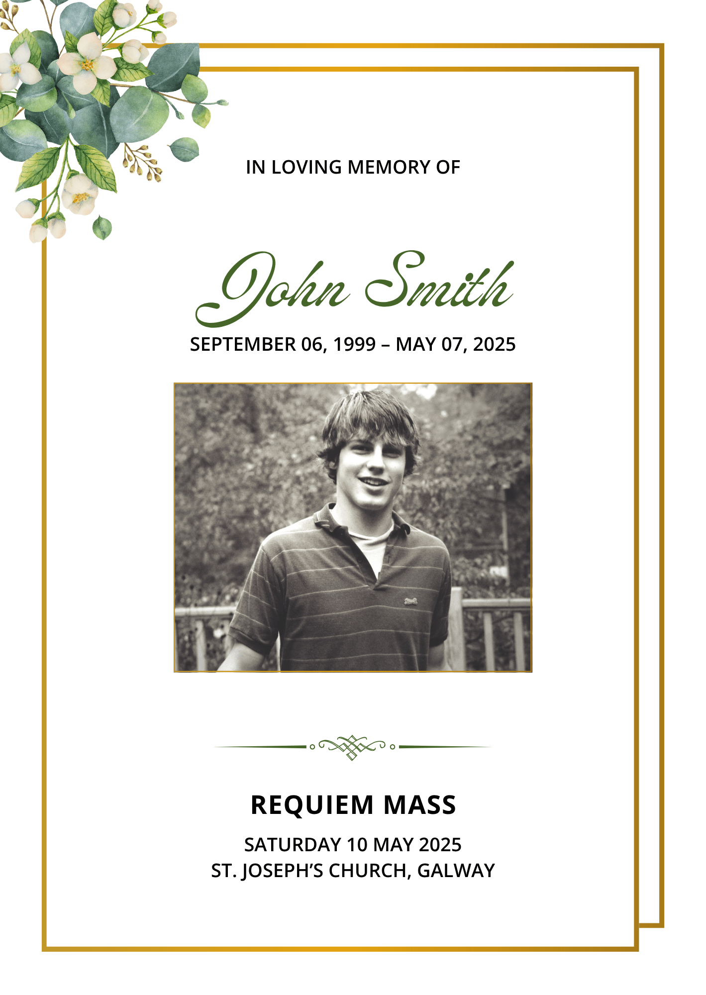 Funeral A5 Booklet Green and Gold - Jaycee