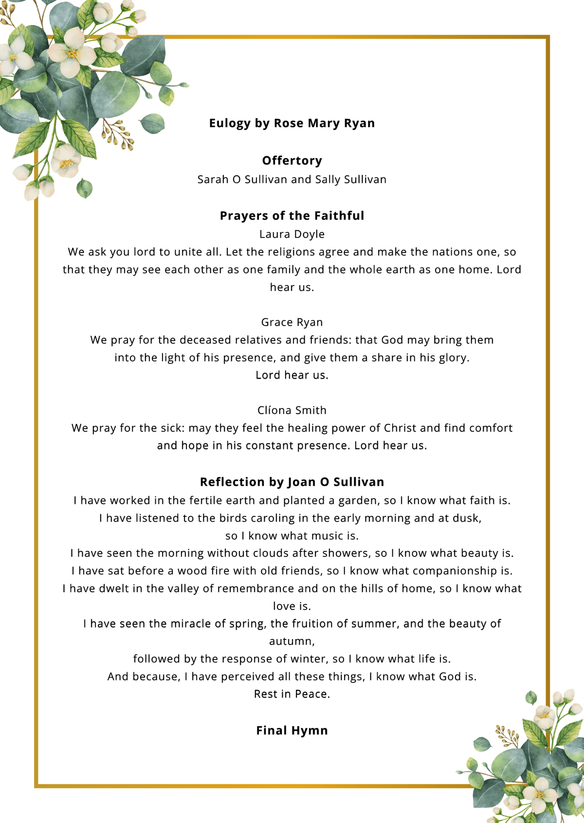 Funeral A5 Booklet Green and Gold - Jaycee