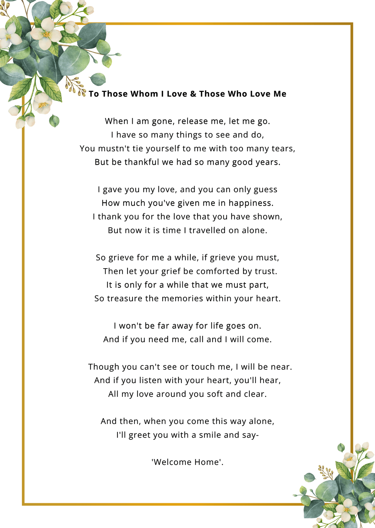 Funeral A5 Booklet Green and Gold - Jaycee