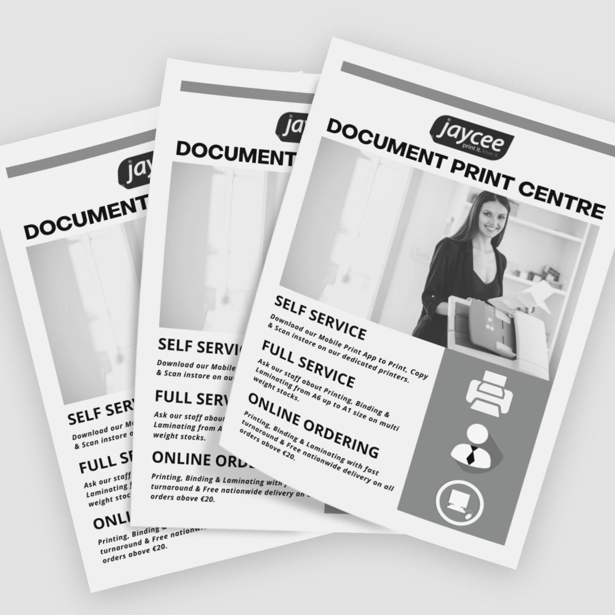 A4 black prints with paper, folding and lamination options