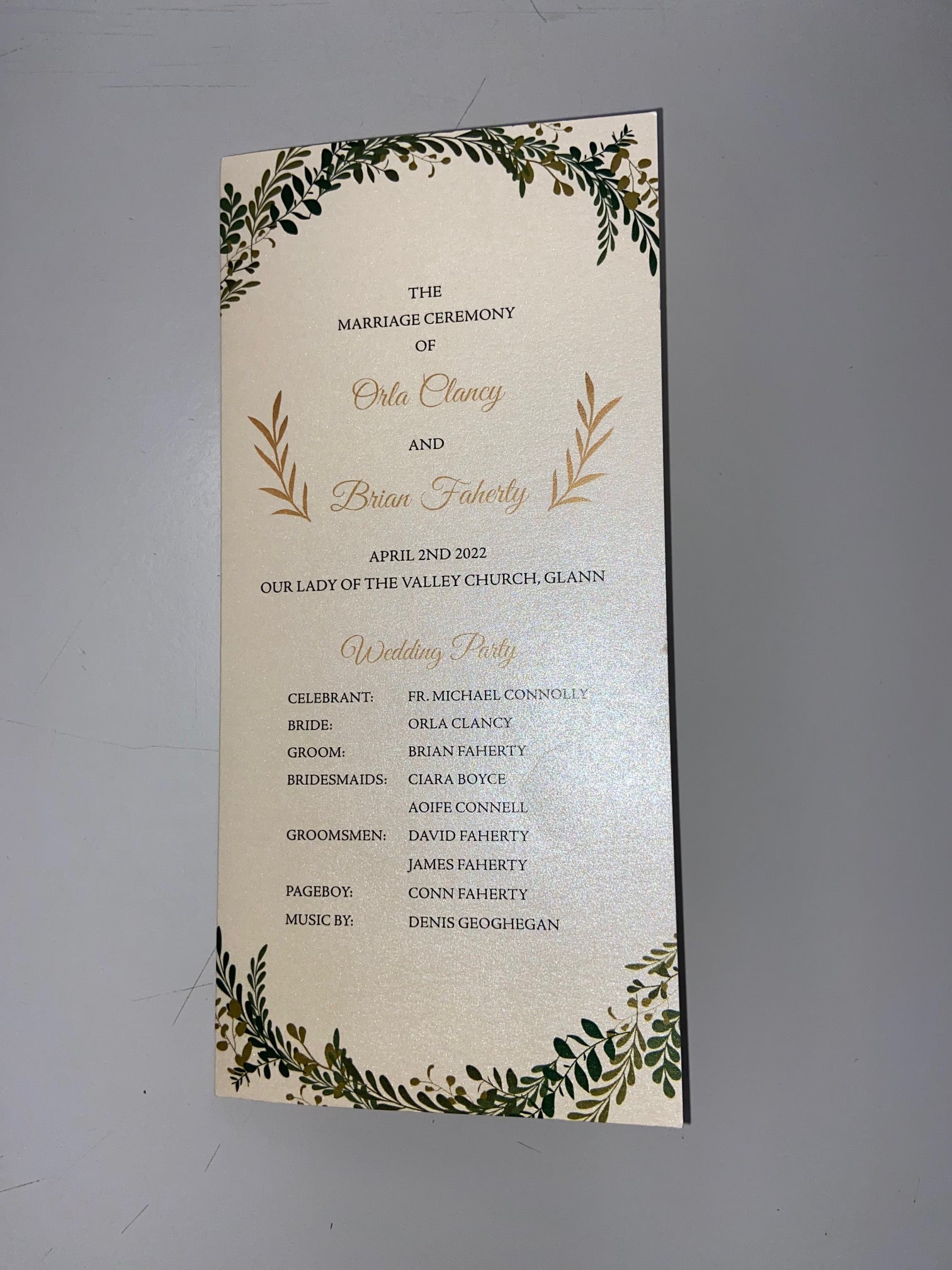 Premium Printing Services Galway - Ceremony Leaflet DL - Jaycee